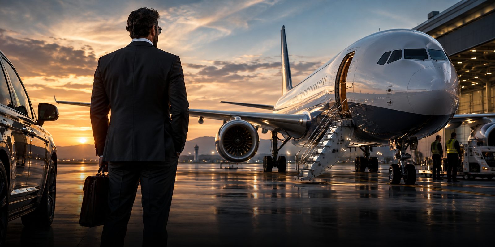 Aviation advisor with briefcase walking toward a transport-category aircraft on the ramp at sunset