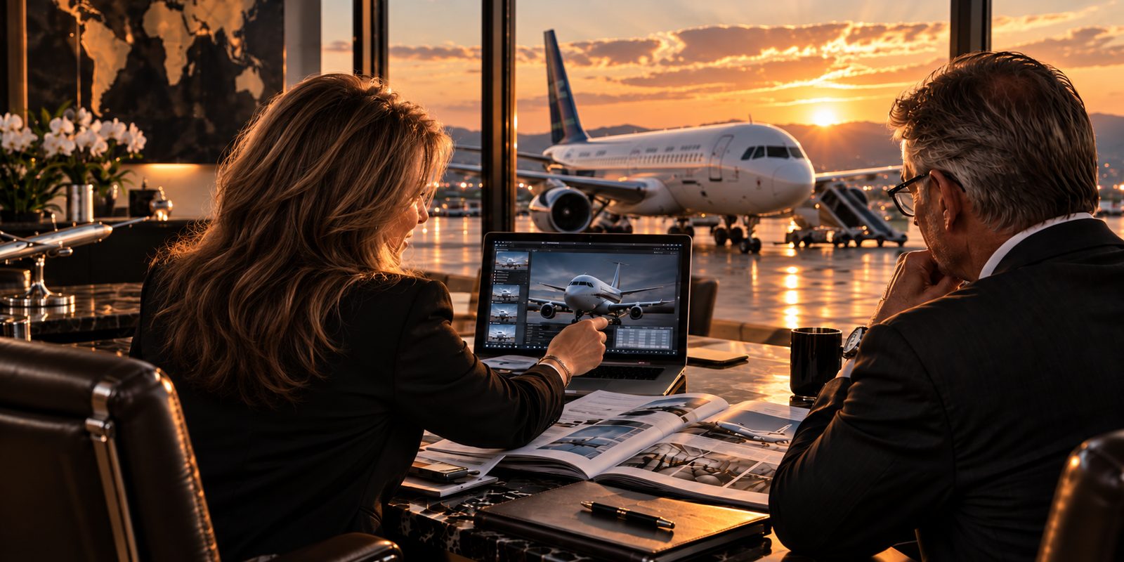 Advisor and client reviewing aircraft planning documents at a table overlooking an airliner on the ramp at sunset