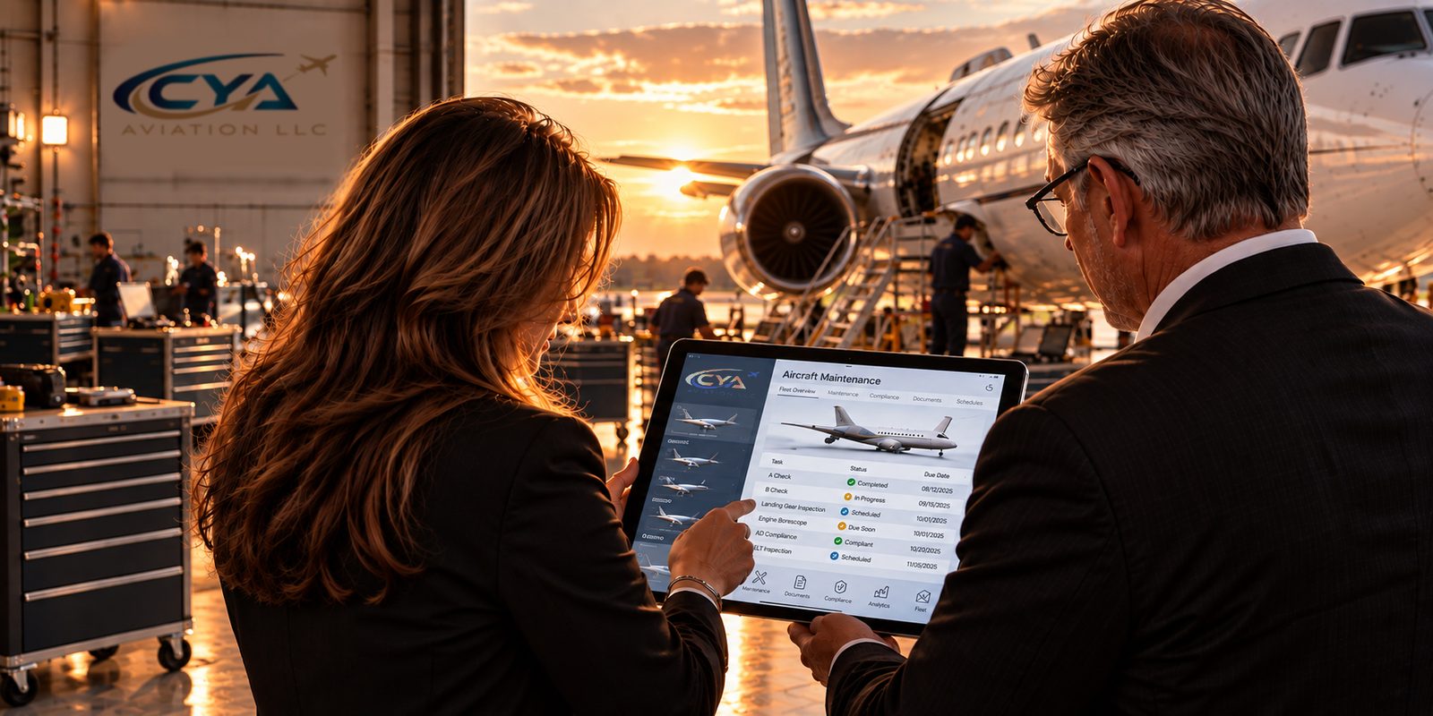 Advisor and client reviewing an aircraft maintenance tracking dashboard on a tablet inside a CYA Aviation hangar